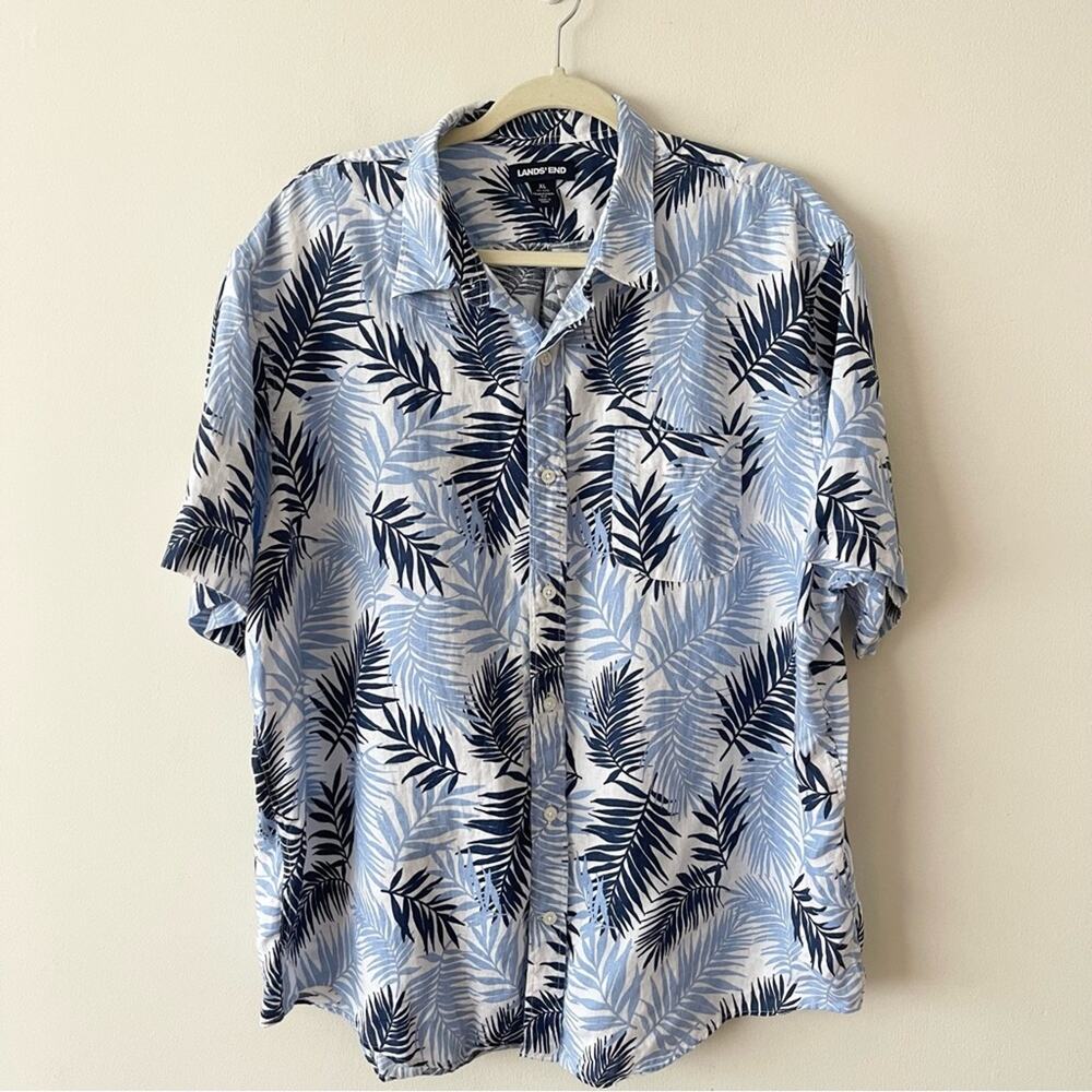 Lands' End Linen Blue and White Casual Button Down Shirt Men’s size XL